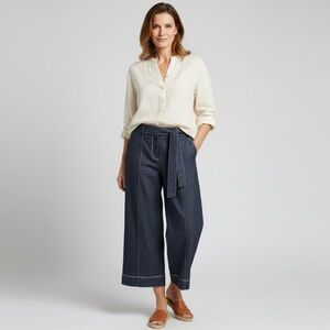 Donna Karan New York Linen Blend cropped pants with belt Blue Jean wide leg 12